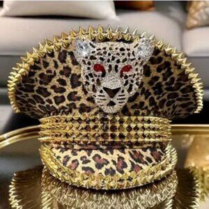 Leopard Captain's Cap with Rhinestone Leopard Pendant